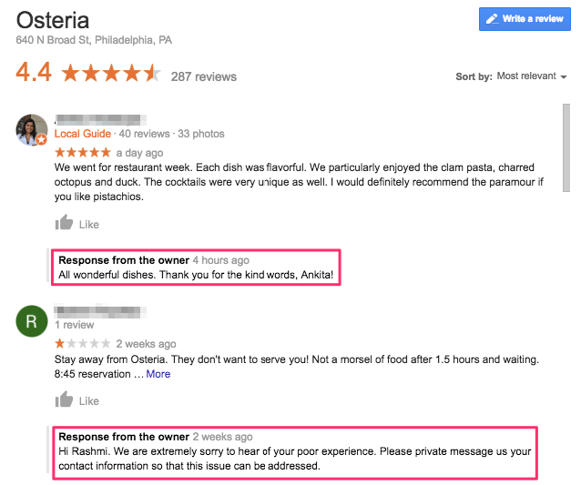 customer review responses from owner