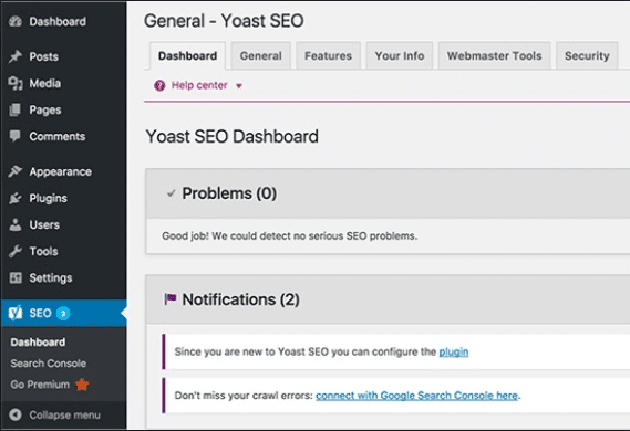 Wordpress plugin YOAST SEO dashboard